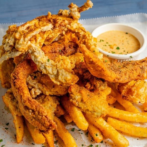 Fried seafood and french fries on parchment paper, with a side of dipping sauce.