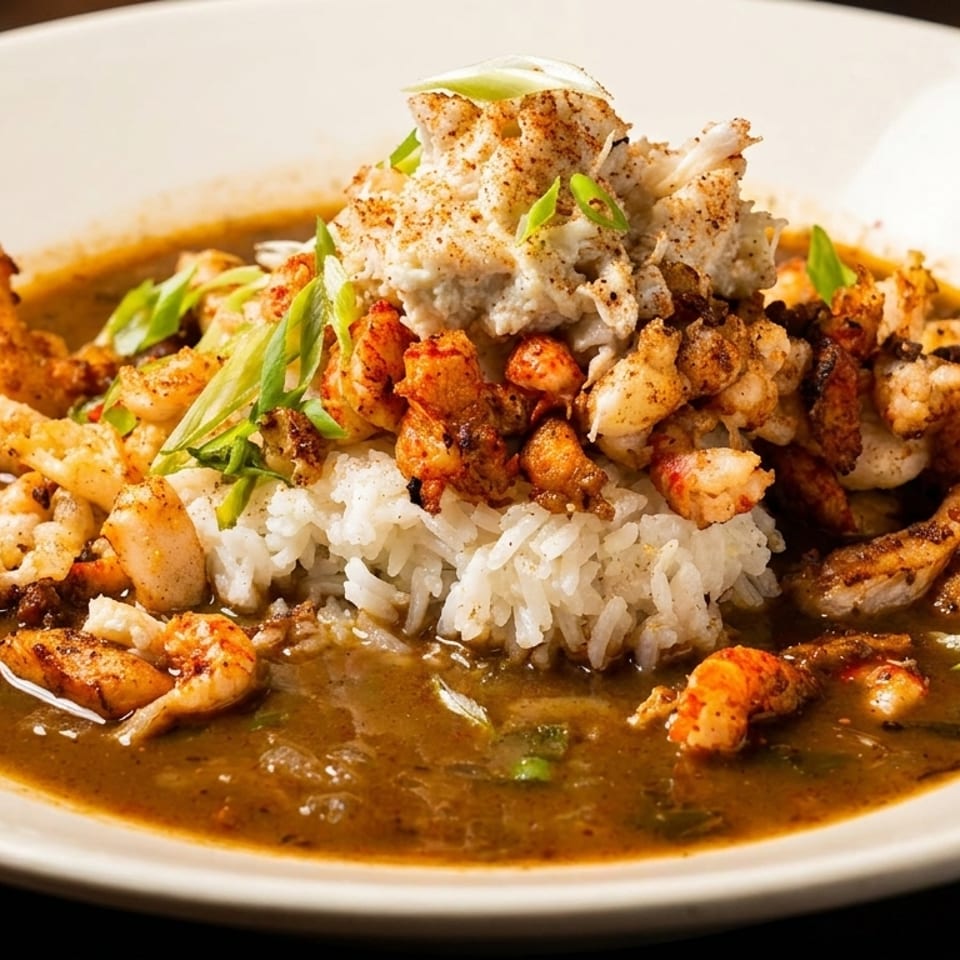 A white bowl filled with seafood gumbo, rice, shrimp, crawfish, and crab meat.
