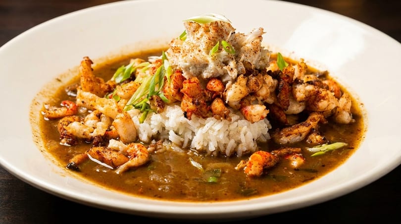 A white bowl filled with seafood gumbo, rice, shrimp, crawfish, and crab meat.