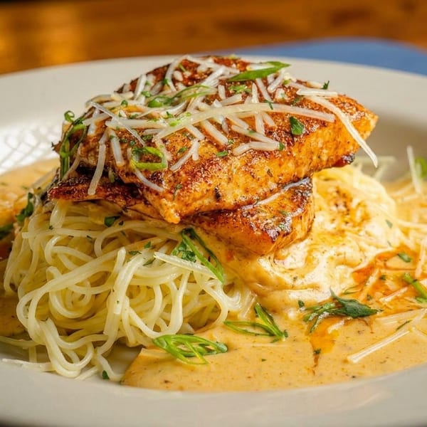 Cajun salmon pasta with creamy sauce, topped with shredded cheese and green onions, on a white plate.