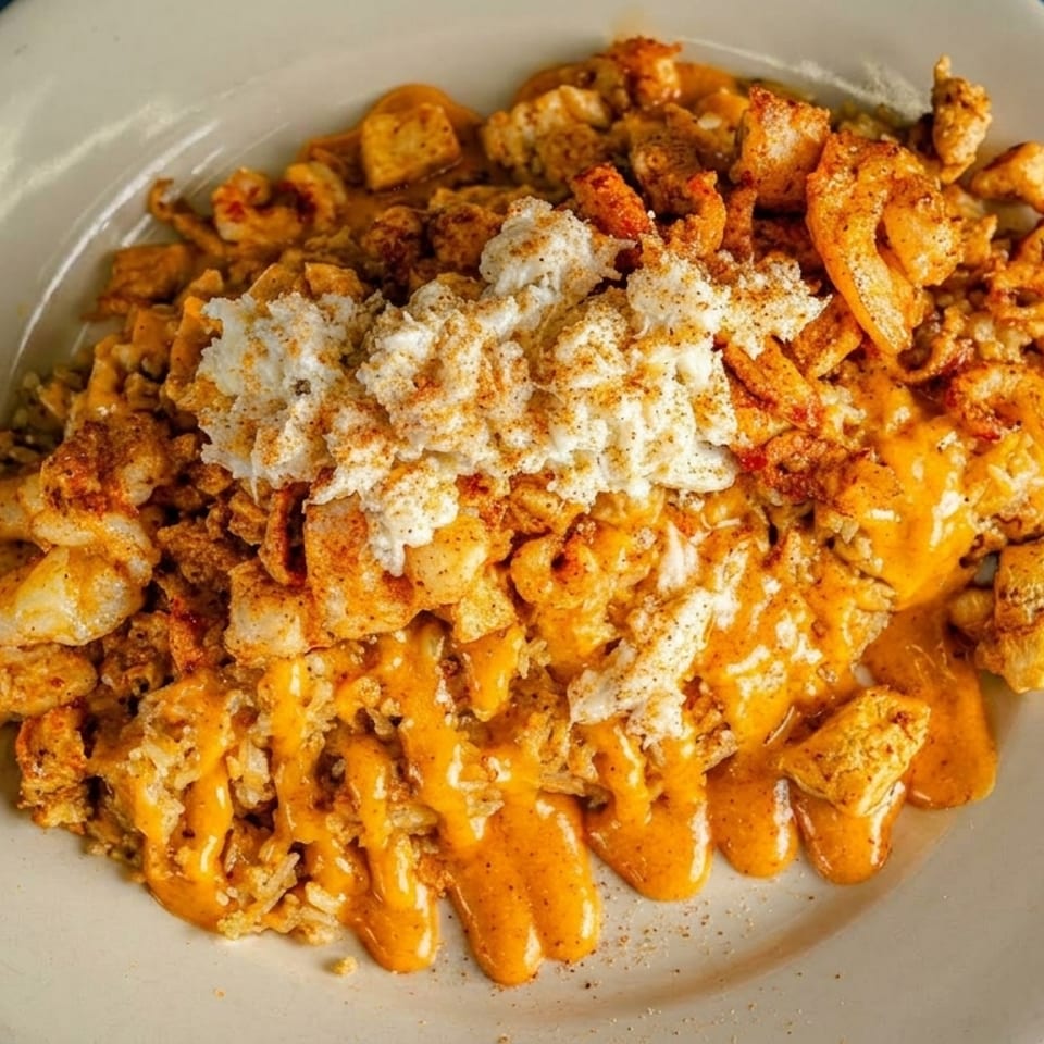 A white plate filled with rice, shrimp, chicken, orange sauce, and a dollop of white crab meat.