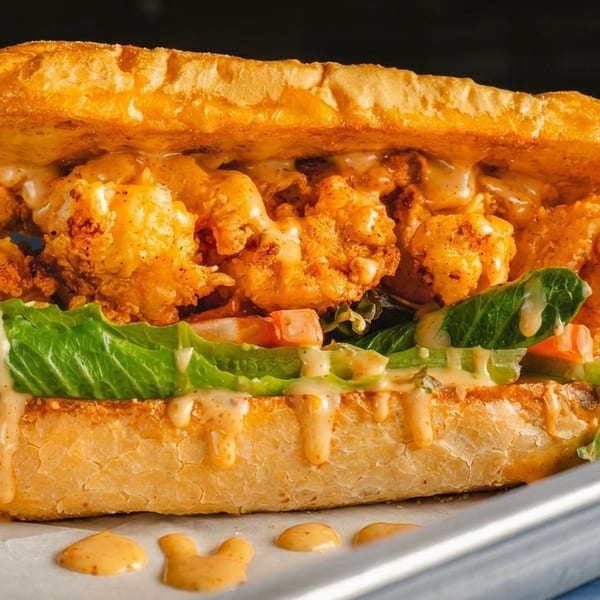 Crispy fried shrimp po'boy sandwich with lettuce, tomato, and creamy sauce on a metal tray.