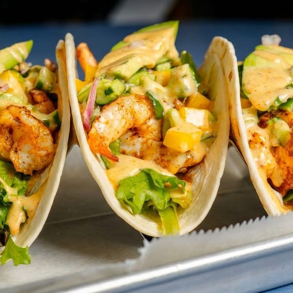 Three shrimp tacos with mango, avocado, lettuce, and sauce on a metal tray.