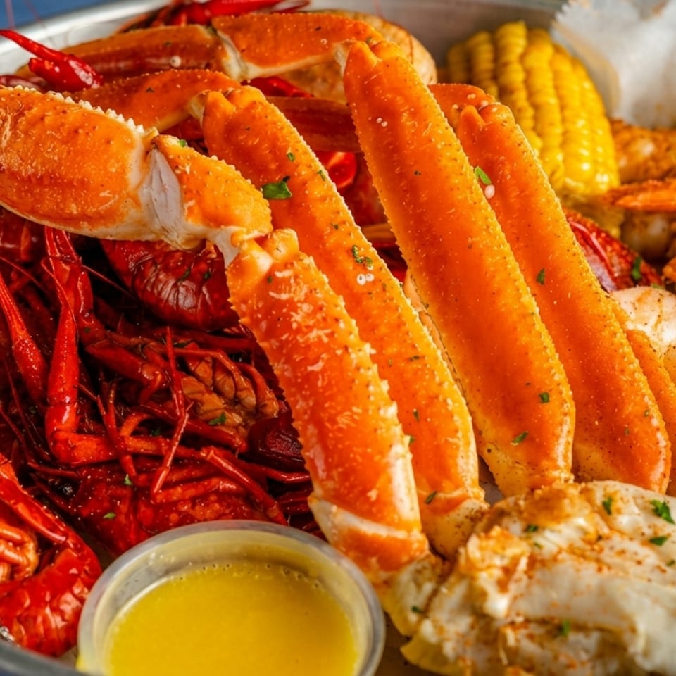 A seafood boil with crab legs, crawfish, shrimp, corn, and butter sauce in a metal bowl.
